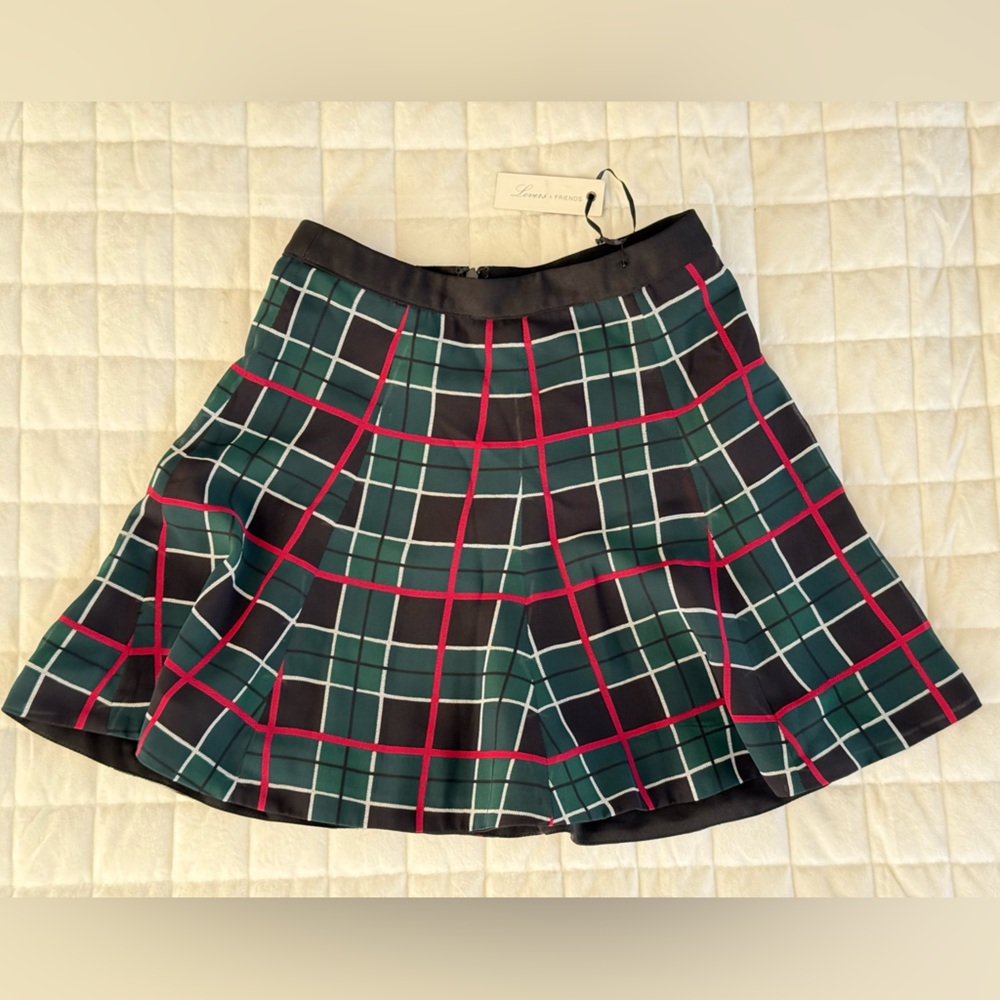Lovers & Friends Plaid Flare Mini Skirt with Red and Green Pattern